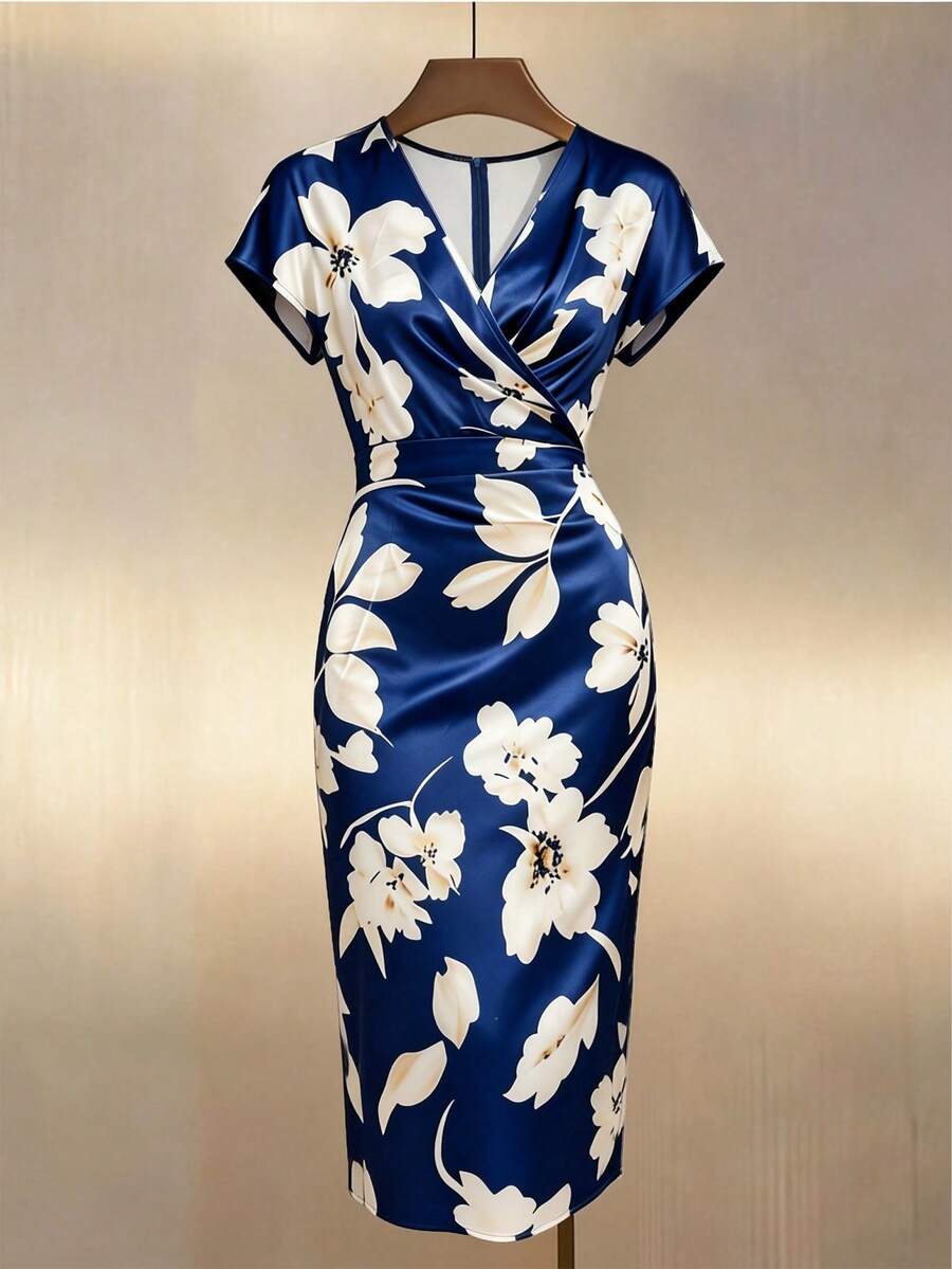 EMERY ROSE New Satin Printed V-Neck Short Sleeve Pleated Cinched Waist Midi Dress - Blue - View 1