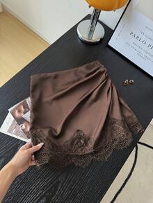 SHEIN Frenchy Chân váy xếp ly ren phối màu tương phản thanh lịch dành cho nữ, mùa hè. - màu nâu - Xem 5