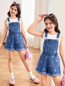 SHEIN Tween Girl Heart Print Pocket Casual Denim Romper - Dark Wash - View 1