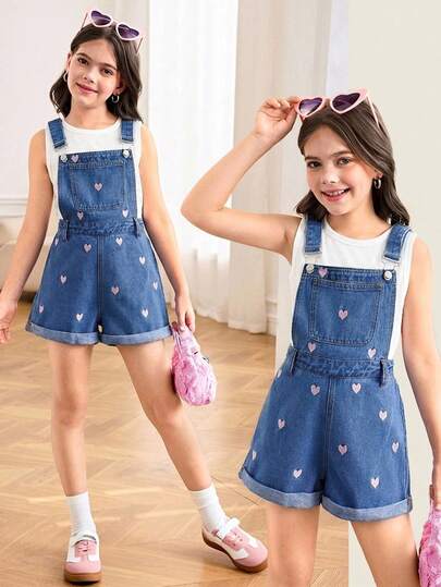 SHEIN Tween Girl Heart Print Pocket Casual Denim Romper