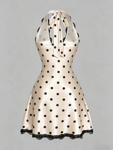 Qadelle Vestido corto de mujer con espalda anudada y encaje, diseño de lunares, informal, sexy y lindo, perfecto para viajes, citas, vacaciones, banquetes y fiestas - Albaricoque - Ver 2