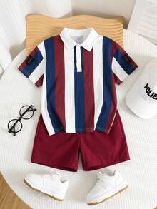 SHEIN 2pcs/Set Young Boys Summer Independence Day Casual Oversized Striped Polo Shirt & Red Shorts,Cute College Street Sports Graphic Outfit For Daily Wear - Multicolor - View 4