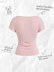 Franclia Women's Spring/Summer New Apricot Cinched Waist Raglan Sleeve Wide Collar Metal Buckle Decor Casual Outgoing Commute Vacation Date Top Tee - Baby Pink - View 2