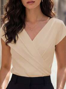 EMERY ROSE New Spring/Summer V-Neck Crossed Shoulder Short Sleeve Fitted Backless Stylish Blouse For Women - Apricot - View 4
