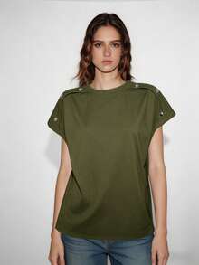 Lumivelle Camiseta casual de mujer de cuello redondo y botones de unicolor, primavera/verano - Verde - Ver 4
