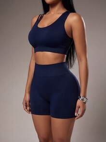Radiana Women's Solid Color Cross-Back Seamless Cropped Tank Top And High Waist Shorts Sports Set - Navy Blue - View 4