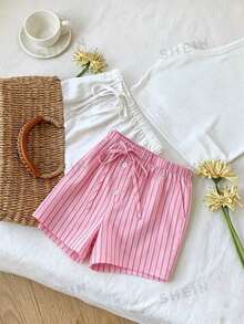 Comfortcana Bộ 2 món áo thun kẻ sọc hồng và quần short trắng buộc dây phía trước dành cho nữ, thích hợp cho mùa hè. - Nhiều màu - Xem 4