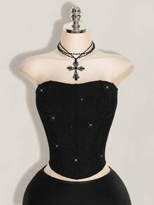 SHEIN ICON Áo camisole ôm sát, bóng bẩy, có khóa kéo dành cho nữ, thích hợp cho mùa hè. - màu đen - Xem 8