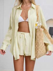 Sunnyshic Women's Spring/Summer Casual Linen Blend Loose Fit Button-Up Shirt & Low-Waist Shorts 2-Piece Set - Light Yellow - View 4