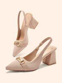 CUCCOO BASICS Women's Shoes Are Fashionable Beige Pointed Back Empty Thick Heels, Decorated With Metal Chain Elements, And Selected Textured Fabrics. They Are Elegant And Suitable For Commuting, Dating, Parties, Banquets And Other Occasions, Highlighting Female Intelligence And Advanced Taste. - Pink Apricot - View 5