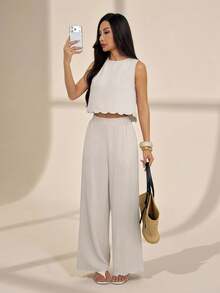 SHEIN PETITE 2 pièces Ensemble femme tout-saison décontracté, débardeur et pantalon large, ensemble beige, ensemble en lin, ensemble crème, ensemble 2 pièces, ensemble 2 pièces confortable, ensemble 2 pièces avec nœud papillon au dos, ensemble 2 pièces avec chemise débardeur à ourlet ondulé, vêtements femme automne, old money, simple, vacances d'été décontracté, resort - Kaki - Voir 8