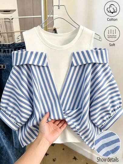 GlowEve Áo sơ mi nữ màu trắng kẻ sọc phối hợp, có phần vai khoét, kiểu dáng thường ngày phù hợp cho công sở, mùa xuân hè thu.