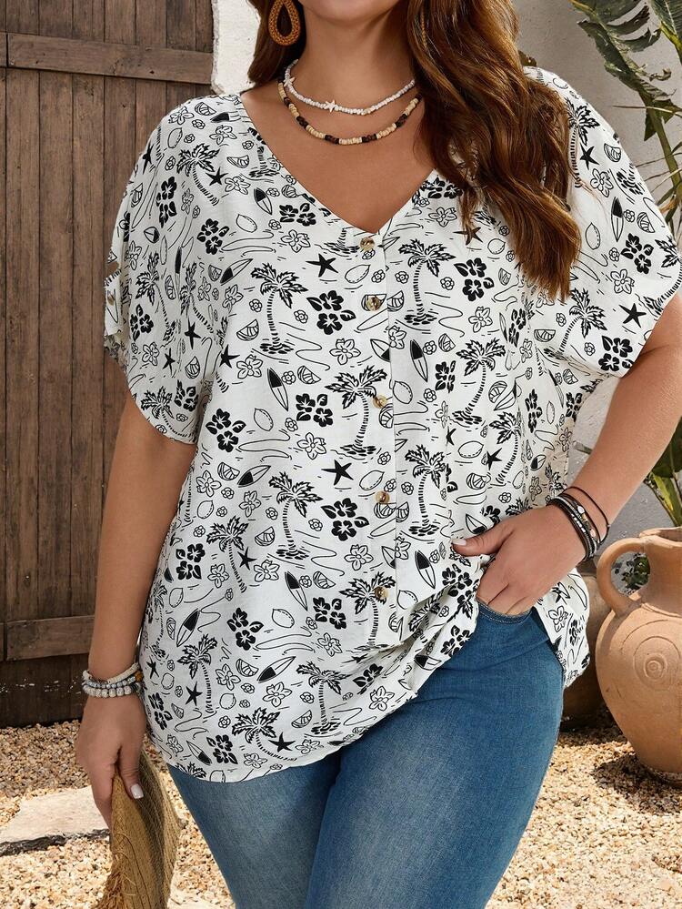 Plus Size Women's Orange Button Embellished Short Sleeve Shirt For Spring Summer Tops Summer Outfit For Women Beach Outfits For Women Beach Outfits