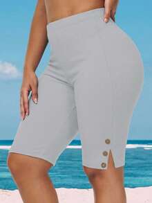 Plus Size Women High Waist Button Design Casual Shorts - Grey - View 1