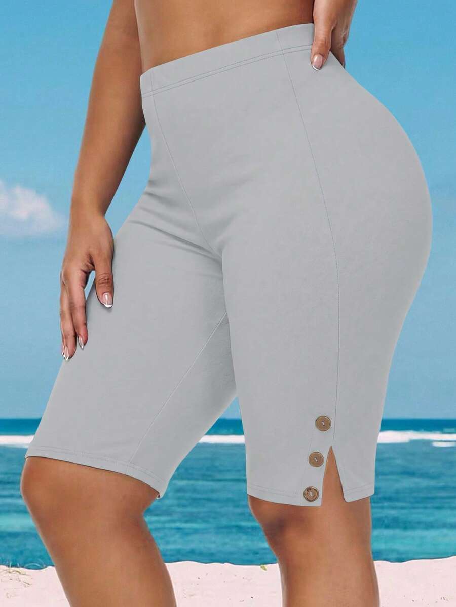 Plus Size Women High Waist Button Design Casual Shorts - Grey - View 1