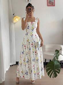 Elenzga Đầm mùa hè không tay, viền bèo nhún, eo thấp, cổ vuông, chất liệu giả lanh thêu và họa tiết hoa sọc, kiểu dáng chữ A thanh lịch dành cho nữ, thích hợp cho kỳ nghỉ. - Nhiều màu - Xem 4