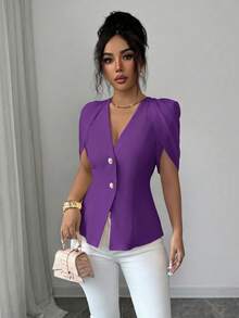 SHEIN Elenzya Áo blazer nữ thanh lịch, lãng mạn, dáng ôm sát, cổ chữ V, xếp ly và thắt eo. - Màu tím  Violet - Xem 3