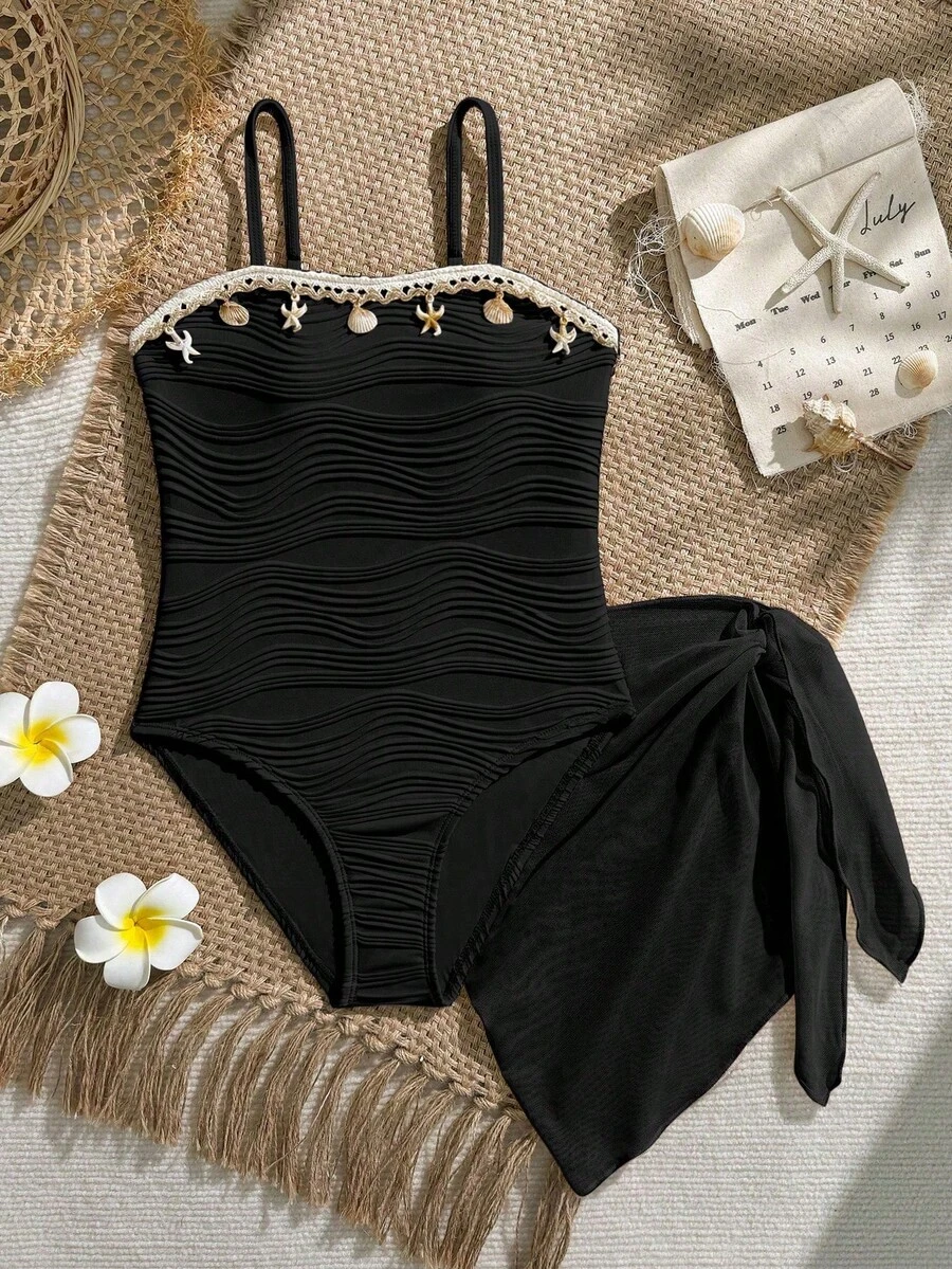 SHEIN Bộ đồ bơi liền thân cho bé gái tuổi teen, 1 mảnh, viền họa tiết vỏ sò và chân váy lưới, thích hợp cho đi biển và hồ bơi, kỳ nghỉ hè, mùa xuân/hè.