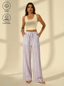 SHEIN Tall Pantalones anchos de rayas casuales para vacaciones de mujer, pantalones de rayas rosas - Azul - Ver 4
