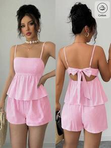 Selianne Camiseta sin espalda de lino con cuello en V profundo a rayas azul y blanco, de cintura baja con cordón, suelta y casual, corta y sexy, elegante para el verano para mujer, diseño con lazo sin espalda para vacaciones de verano - Rosa - Ver 1