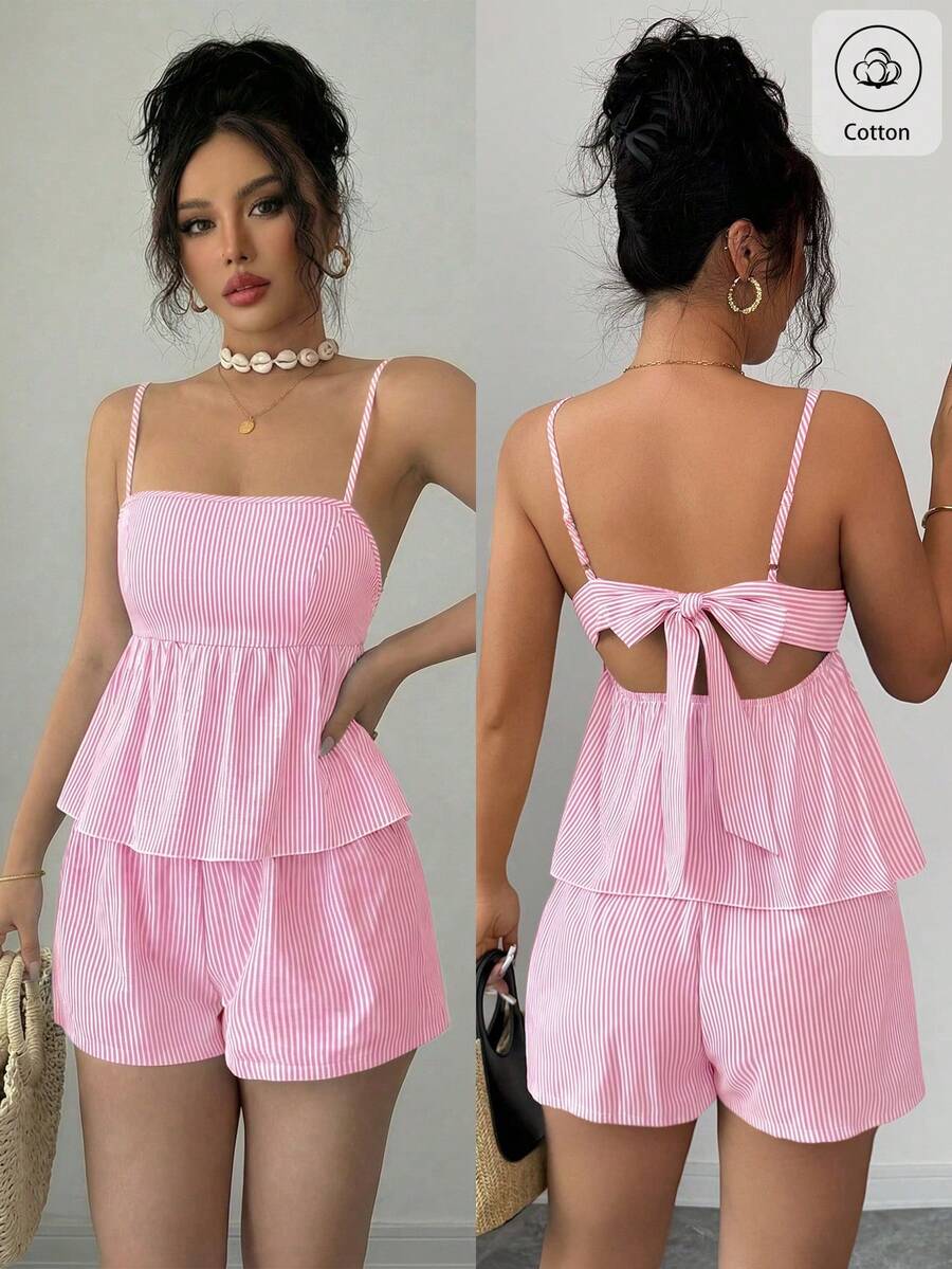 Selianne Camiseta sin espalda de lino con cuello en V profundo a rayas azul y blanco, de cintura baja con cordón, suelta y casual, corta y sexy, elegante para el verano para mujer, diseño con lazo sin espalda para vacaciones de verano - Rosa - Ver 1