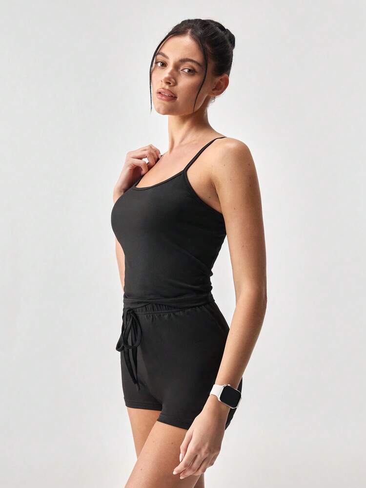 Loungeista Women's Casual Solid Color Camisole And Shorts Pajama Set, Summer - Black - View 5