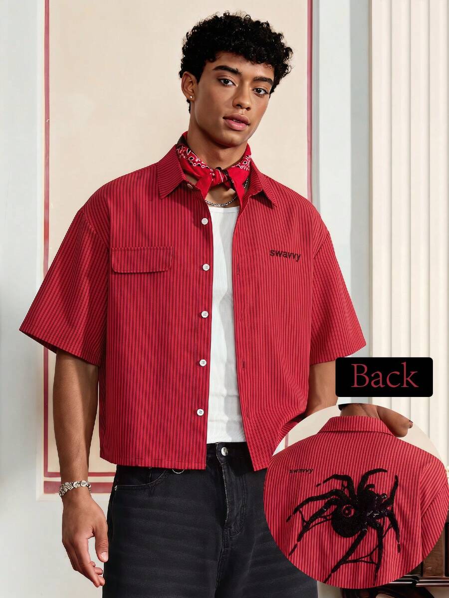 SWAVVY Men's Casual Fashion Street Daily Commute Letter Spider Striped Pattern Dropped Shoulder Loose Shirt, Summer - Red - View 1