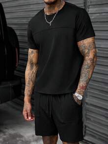 SLATEMANN Men's Black Summer Casual Vacation Set,Snowflake Fleece Fabric Short Sleeve Round Neck T-Shirt & Elastic Waist Drawstring Shorts,Comfortable Versatile - Black - View 6