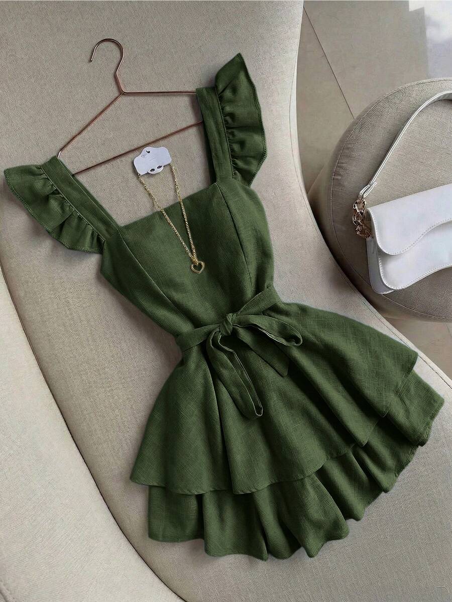 GlowEve New Arrival Summer Ruffled Collar Jumpsuit For Women, Blue, Tie Waist, Minimalist - Olive Green - View 1