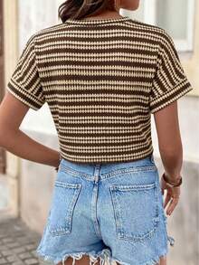 Brillora Women's Brown Stripe Knit Crop Top, Summer Casual Vacation Short Sleeve Crew Neck Cropped T-Shirt, Loose Fit Textured Boho Style Lightweight Blouse - Brown - View 3