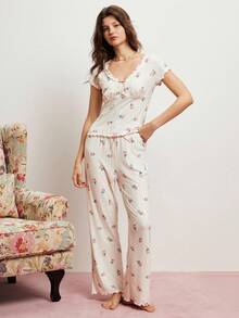 Elorette Conjunto de pijama casual y lindo con cuello de patrón de tulipán, empalmado y ribete de volantes - Blanco - Ver 3
