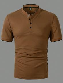 Manfinity Homme Men's Plus Size Contrast Trim Button Collar Short Sleeve Polo Shirt, Suitable For Office, Outing And Social Occasions, Formal - Brown - View 3