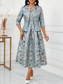 SHEIN Lady Bộ 2 món thanh lịch dành cho nữ: áo khoác và váy slip in hoa. - Màu xanh lam - Xem 3