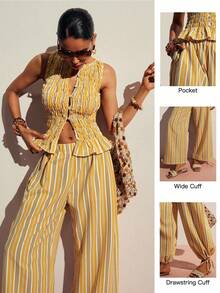 Poéselle Women's Contrast Color Striped Print Camisole And Wide Leg Pants Casual 2 Pieces Set - Yellow - View 2