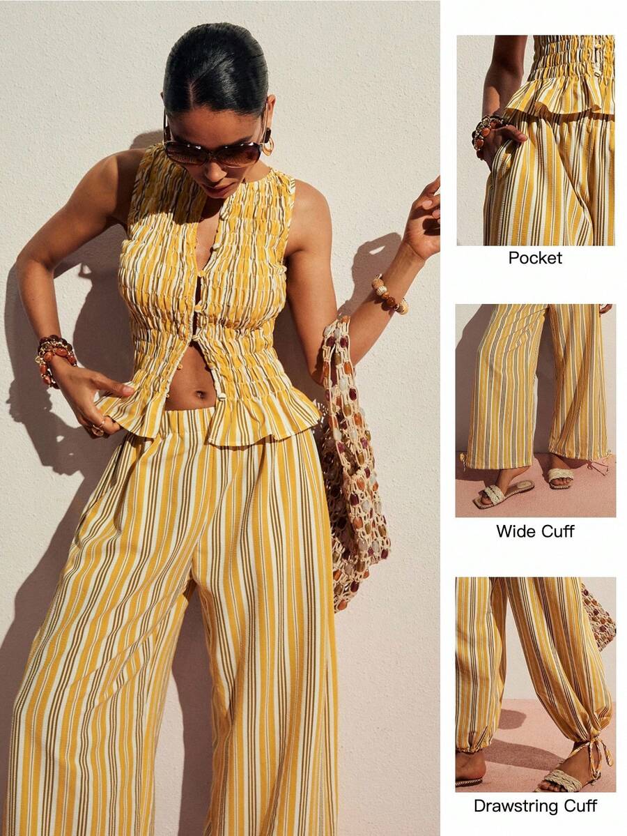 Poéselle Women's Contrast Color Striped Print Camisole And Wide Leg Pants Casual 2 Pieces Set
