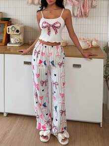 SweetSlumber Sweet Ins Style Bow Tie Cartoon Striped Contrast Color Camisole Pajama Set For Women - Multicolor - View 5