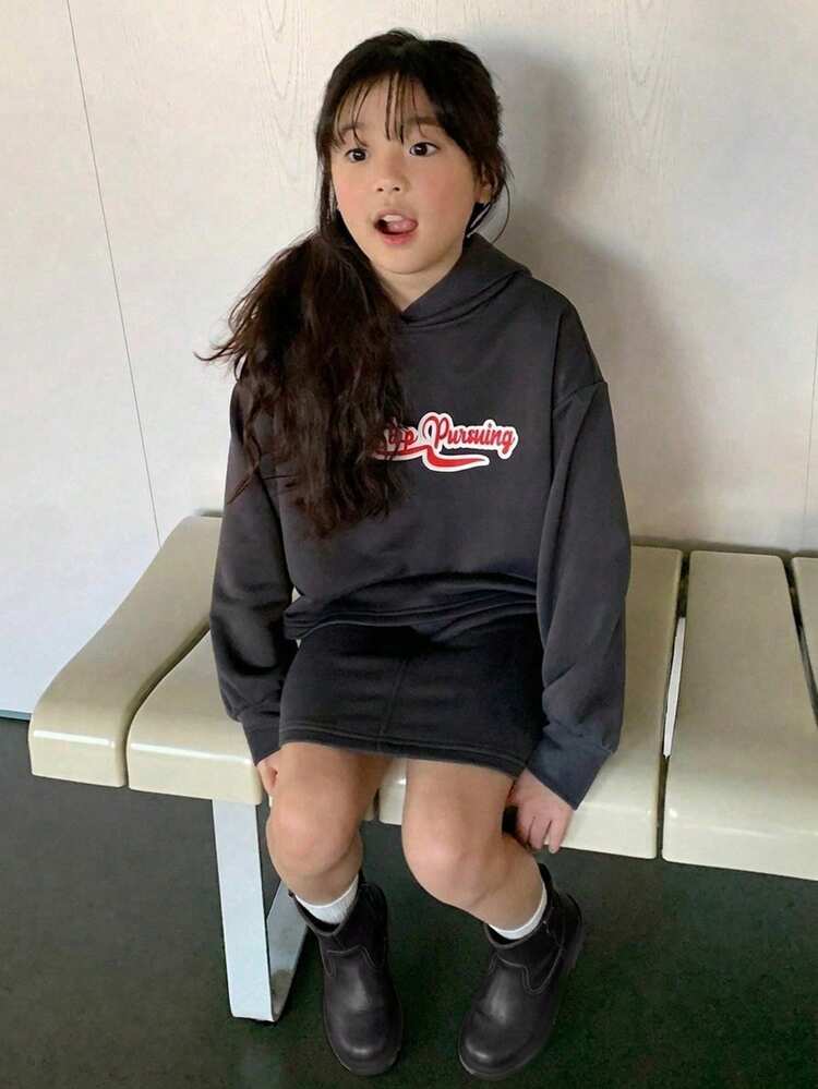 2pcs Girls' Knitted Letter Print Hoodie Sweatshirt + Skirt Spring Set, Plus Size Kid Outfit