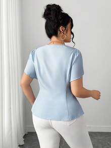 Elenzga Plus Size Women Solid Color 3D Bow Ruffle Hem Fashionable Versatile Short Sleeve Blouse Summer Spring Wedding Guest Party - Blue - View 2