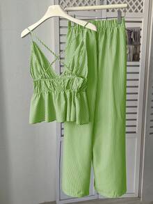 Franclia Plus Size Striped Print Camisole And Elastic Waist Pants Casual 2 Pieces Set - Green - View 2