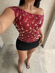 Rustia Vintage Brown Sequin Patchwork Off-Shoulder Short Sleeve T-Shirt, Atmosphere Sexy Slim Fit Cropped Top Gym Summer - Red - View 5