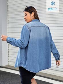 SHEIN EZwear 大码女式春秋季休闲日常通勤翻盖口袋牛仔衬衫 - 淺色水洗藍 - 查看 2