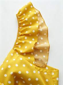 Franclia 女士V领荷叶袖褶皱腰部露背系带波点印花连衣裙，春夏休闲度假连衣裙 - 黃色 - 查看 5