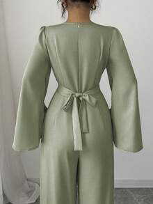 Elenzga Women's Elegant Draped Neck Waist Cinched Satin Jumpsuit - Green - View 8