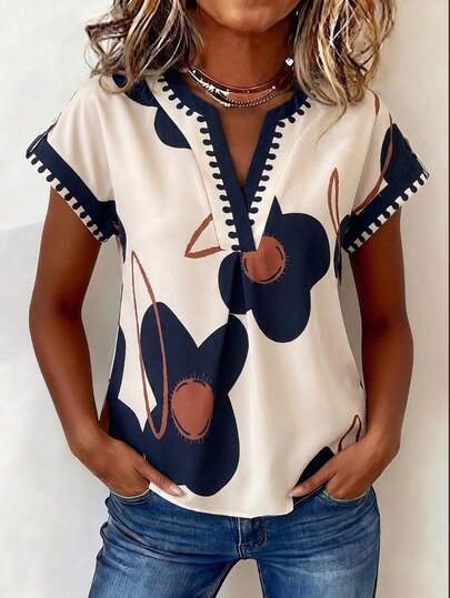 Louniche Women's Spring/Summer Floral Placement Print Casual Vacation Shirt Abstract Print Blouse Geometric Print Top New Arrival Blouse Spring Tops For Women Casual Blouse For Women Casual Modern Latest Tops For Women New Arrivals Buissness Casual Women Tops