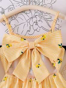 Elladie kids Tween Girls' Spaghetti Strap Dress,Red And White Plaid,Summer,Cute,Vacation,Holiday,Yellow & White Plaid+Lemon Print,Big Bow Back,Fluffy Skirt,Sweet - Yellow - View 6