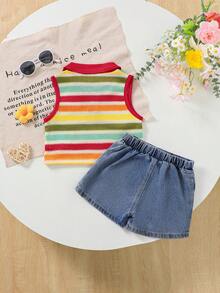 SHEIN Elladie kids 2件組少女夏季杏色紋理針織領拼接愛心背心上衣與牛仔裙褲，荷葉邊下擺櫻桃刺繡復古套裝 - 紅色 - 查看 2