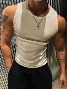 Manfinity Dauomo Maiou casual cu guler rotund și nervuri, culoare uni, pentru bărbați - Caisă - Vizualizare 4