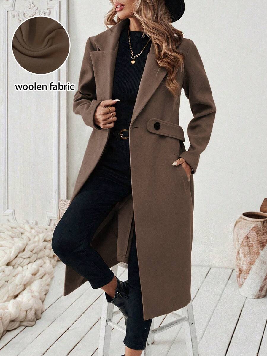 SHEIN 时尚百搭驼色缺口领大衣(配腰带),秋冬 - 棕色 - 查看 1