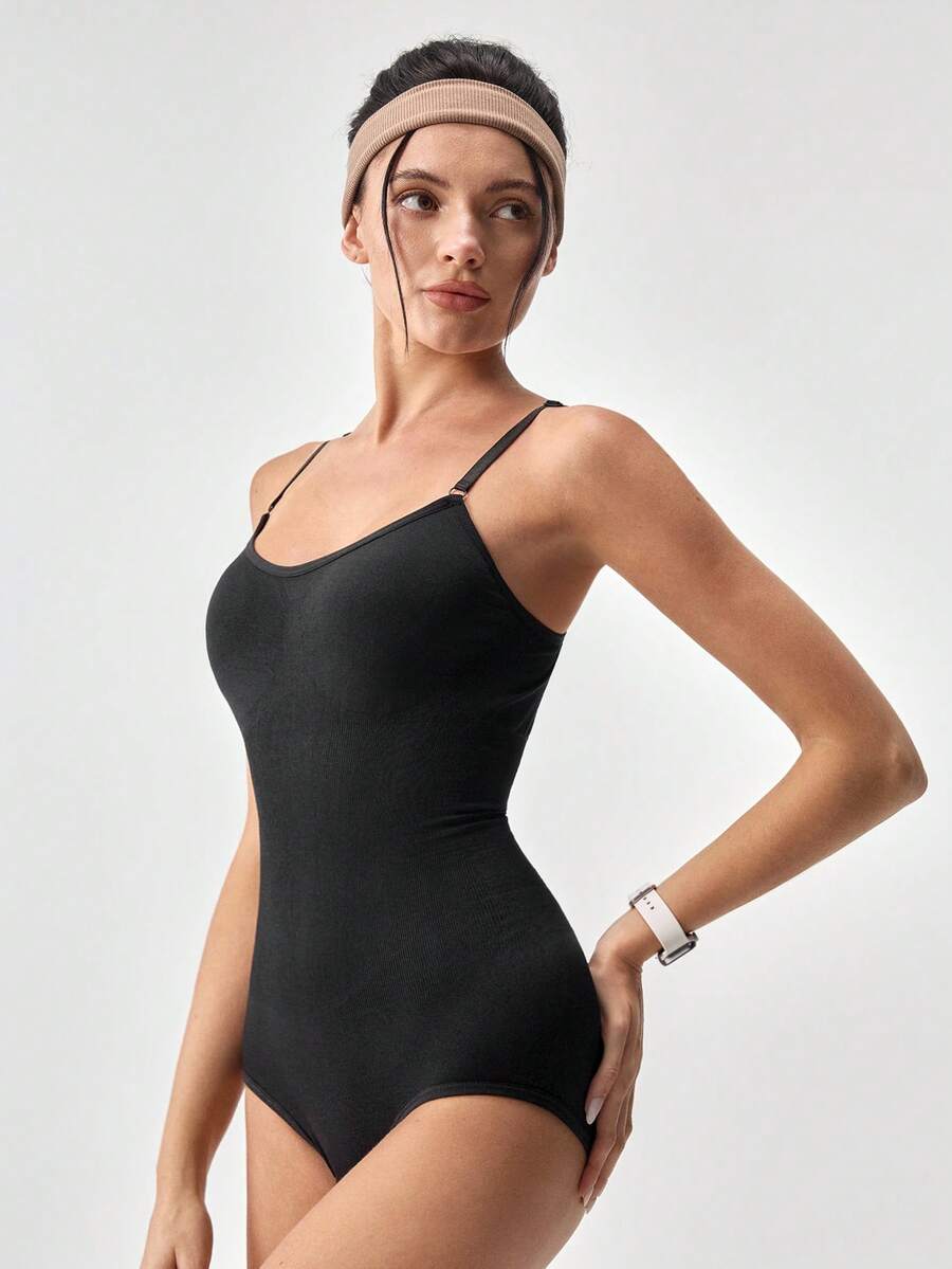 Loungeista 1件女款無縫無袖V領連身衣,收腹提臀,高彈性,適合夏季 - 黑色 - 查看 1