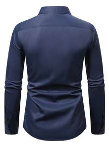 Manfinity Mode Men's Solid Color Business/Casual Long Sleeve Shirt, Spring & Summer, Navy Blue Dress Men, Business Casual Royal Dark For Fall, Formal, Ceremony - Navy Blue - View 2